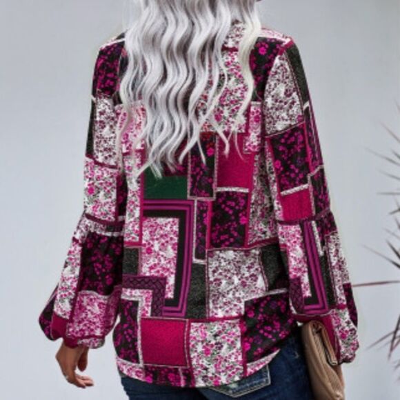 Boho Floral Print Patchwork Blouse rose colored size small med large - Picture 3 of 5